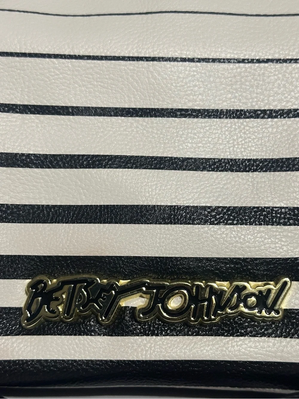 Betsey Johnson Black and White Striped Satchel with Hot Pink Bow